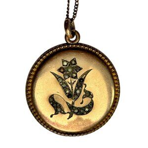 Antique H & H Gold Filled Locket Necklace Paste Stones Seed Pearl Floral Motif